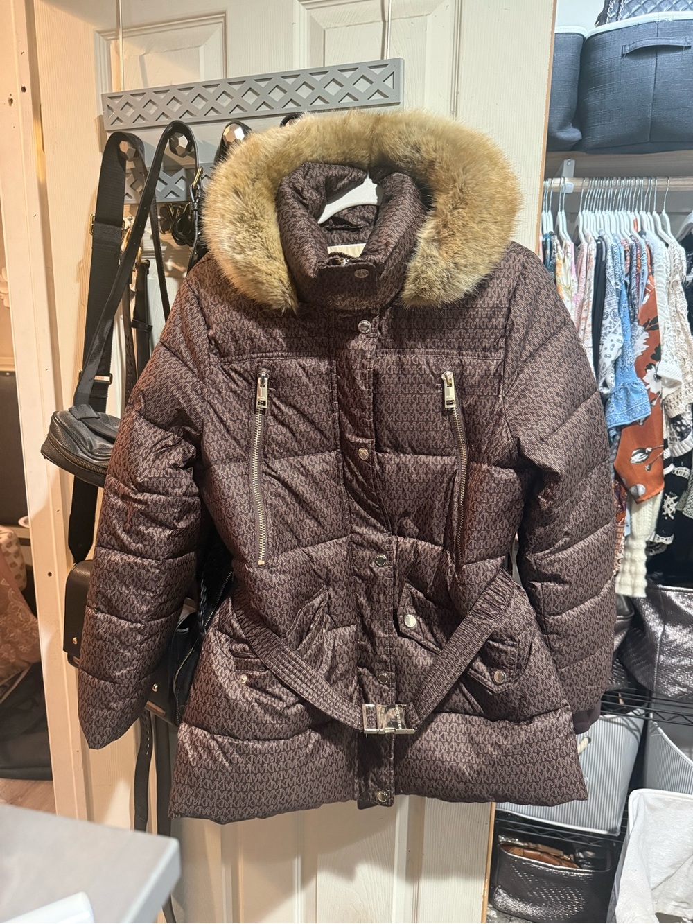 MICHAEL Michael Kors Brown Quilted Faux-Fur Trim Puffer Jacket